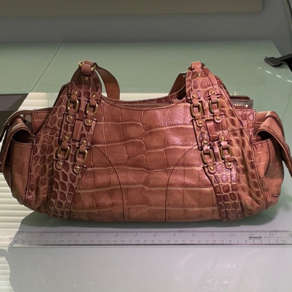 Cole Haan tan colored croc embossed leather purse with gold hardware
